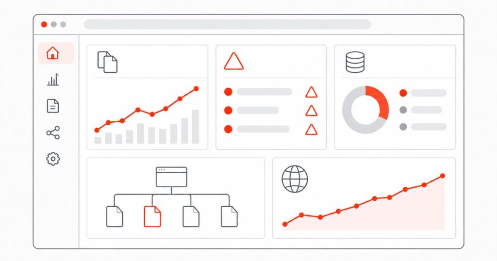Zajímavá fakta o Seznam.cz, díky kterým nastavíte WordPress SEO pro Seznam lépe Schematický přehled nástroje pro správu webu s grafy a ikonami stavu